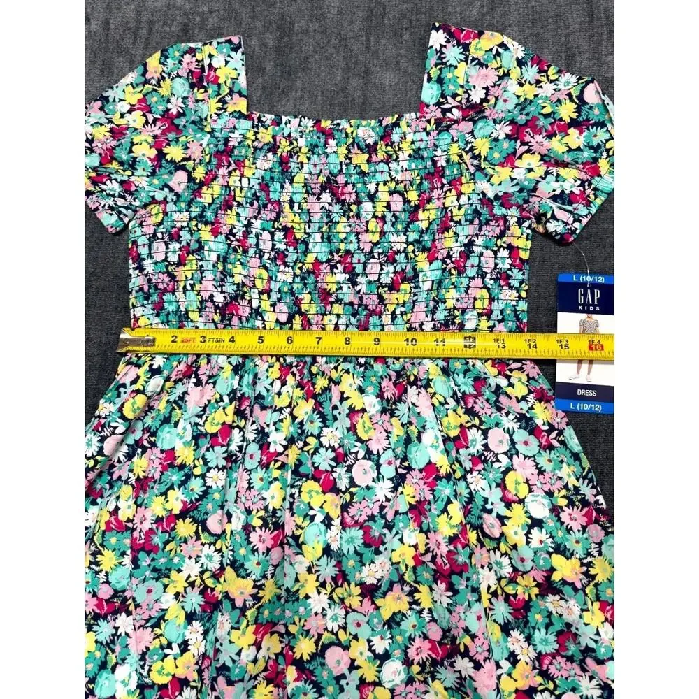 NWT Gap Knee Length Smocked Dress Girls L(10/12) Multicolor Floral Short-Sleeve